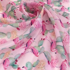 Органза матовая Виола с принтом розовый фламинго и цветущий кактус Органза матовая Виола с принтом розовый фламинго и цветущий кактус