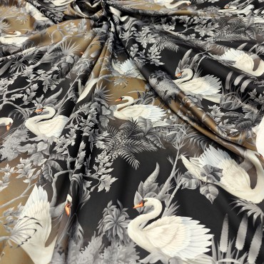Вискозный атлас стрейч Vella с лебедями